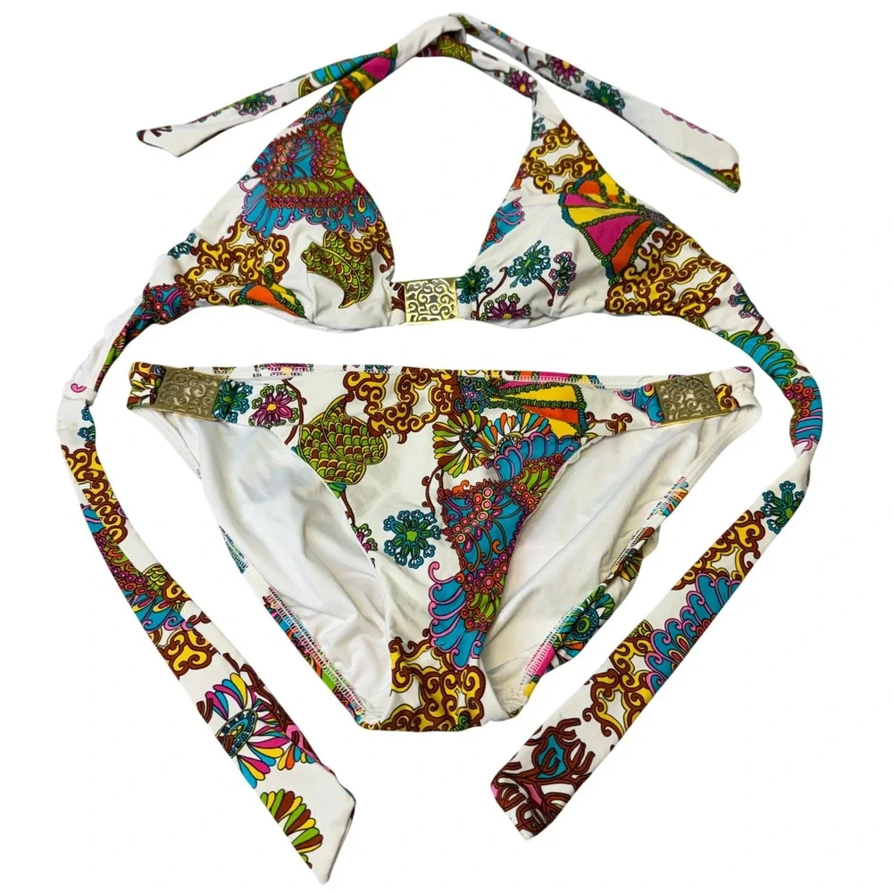 Trina Turk Floral Paisley Bikini Set Gold Filigree Hardware Halter Two Piece